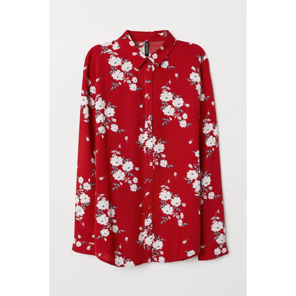 H&M Divided Red Floral Button Up Shirt Women's Size 4 Long Sleeve